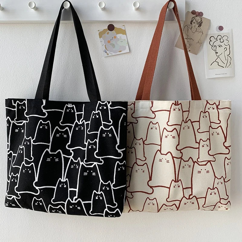 Canvas Tote Bag - Japanese Style Cat Design Detail
