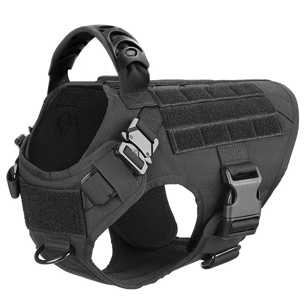Black tactical dog harness – front and side view