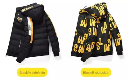 Men's hooded down jacket - quality polyester material close-up