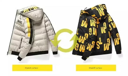 Men's hooded down jacket - quality polyester material close-up