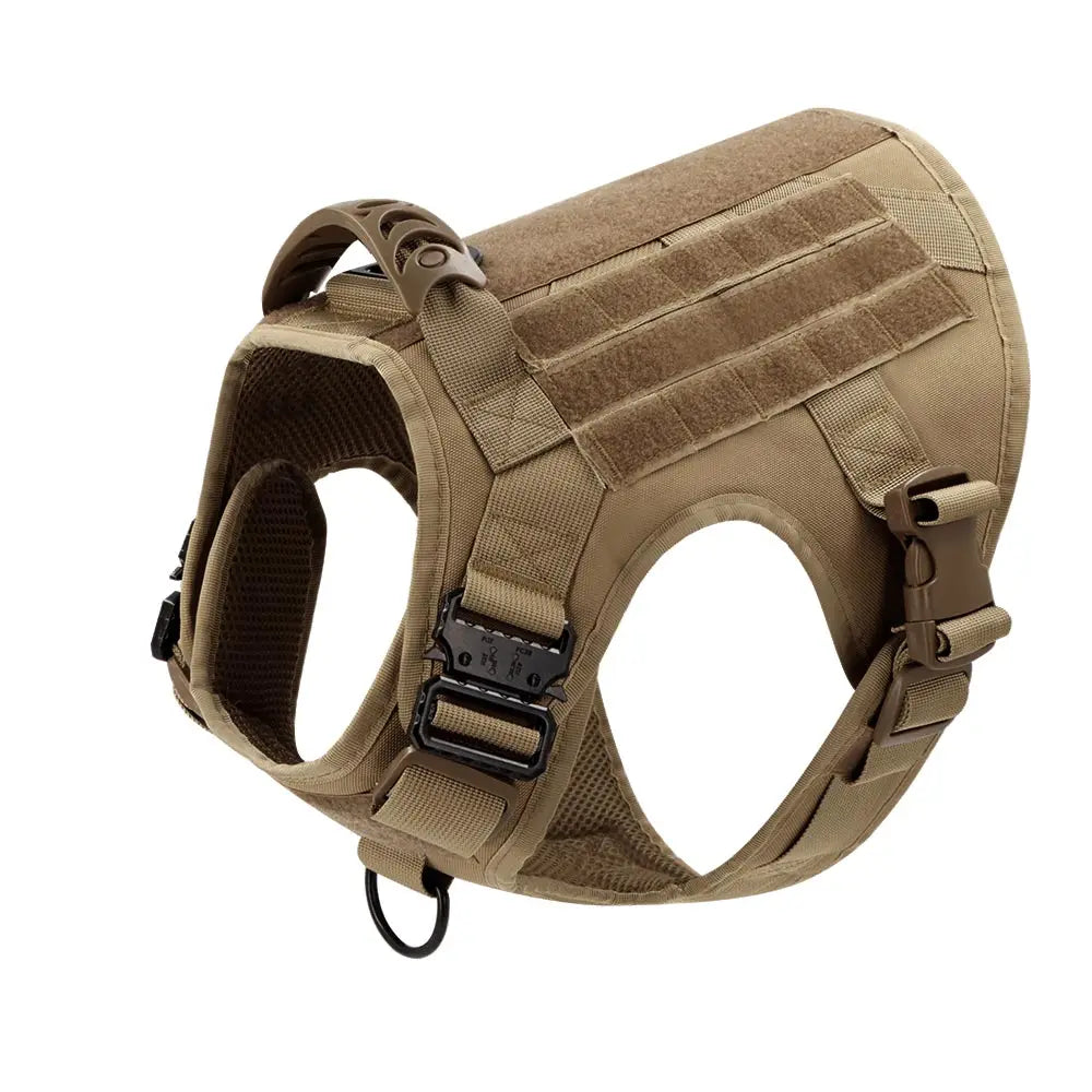 Army green K9 harness – adjustable straps and buckles detail
