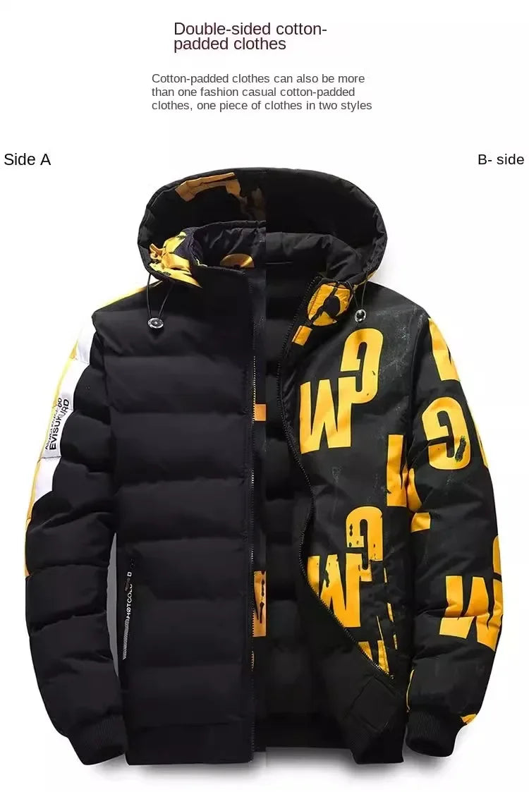 Warm hooded down coat - side view showing padded insulation