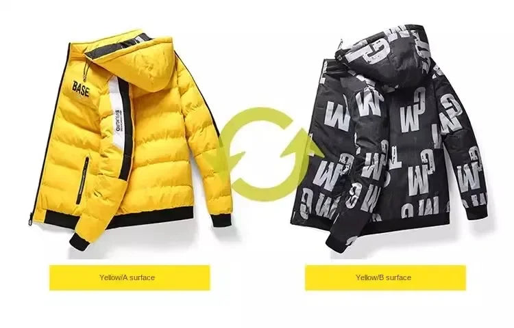 Men's hooded down jacket - quality polyester material close-up