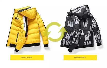 Men's hooded down jacket - quality polyester material close-up