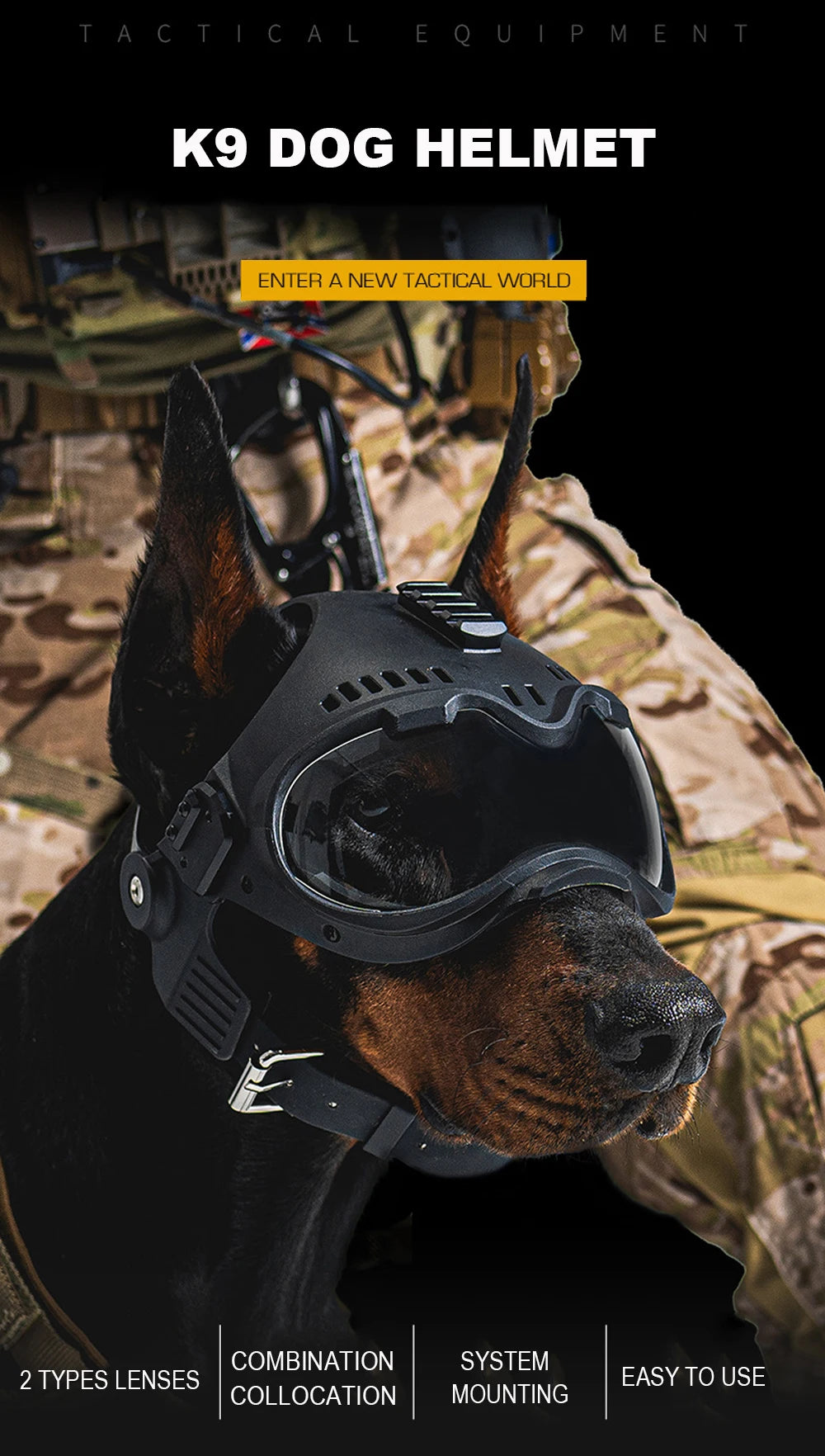 Nablit Joe K9 Tactical Dog Helmet with Goggles - Protective Military Training Helmet for German Shepherd & Malinois