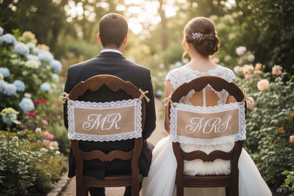 Hääpari tuoleilla Mr & Mrs -kyltit pitsireunuksilla - romanttinen hääkoristelu