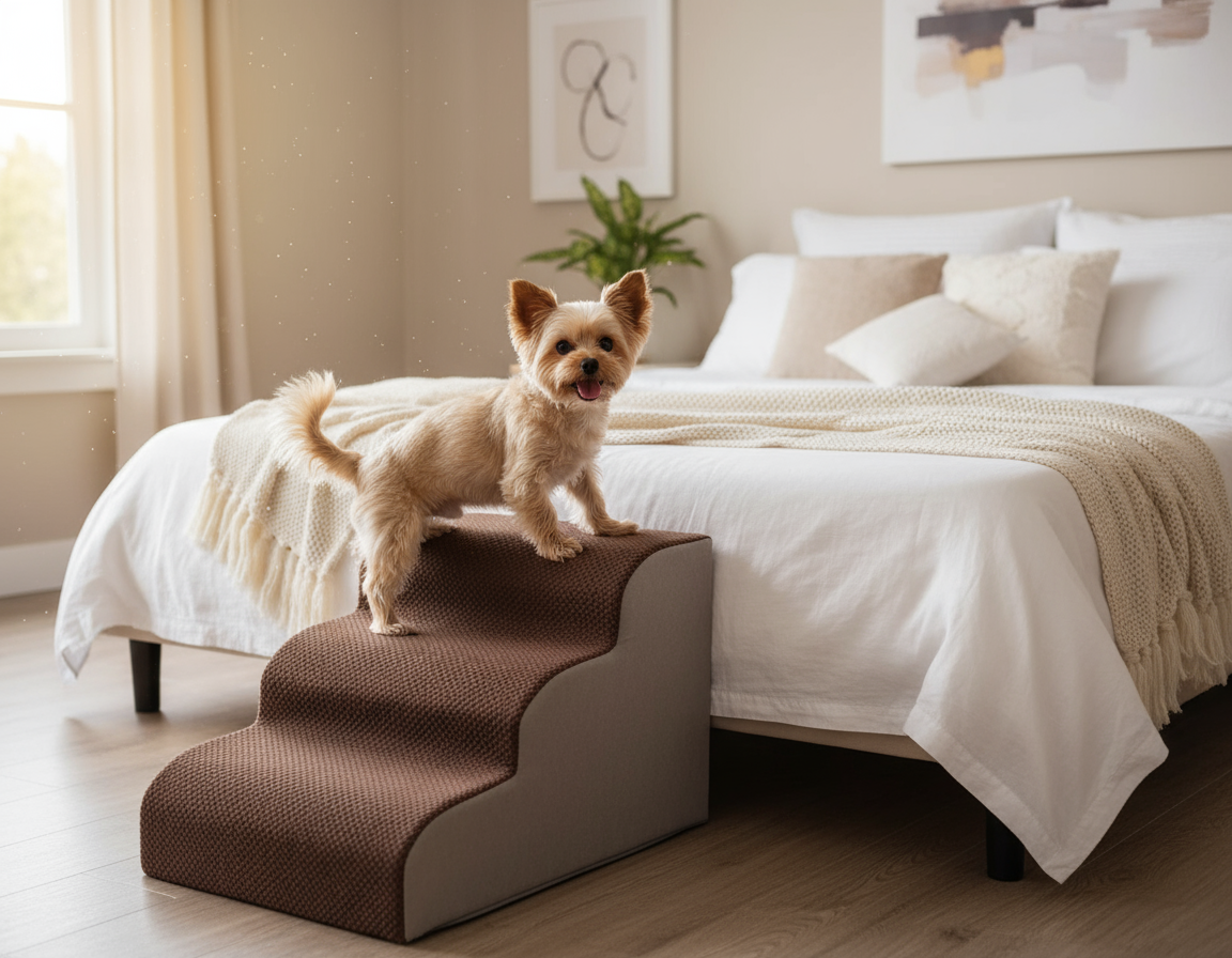 Koira käyttää portaita sängylle