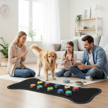 Koira pelaa hälytyspelillä olohuoneessa