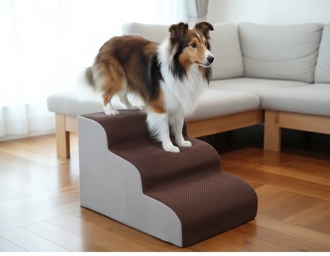 Shetlanninlammaskoira kiipeää portaita